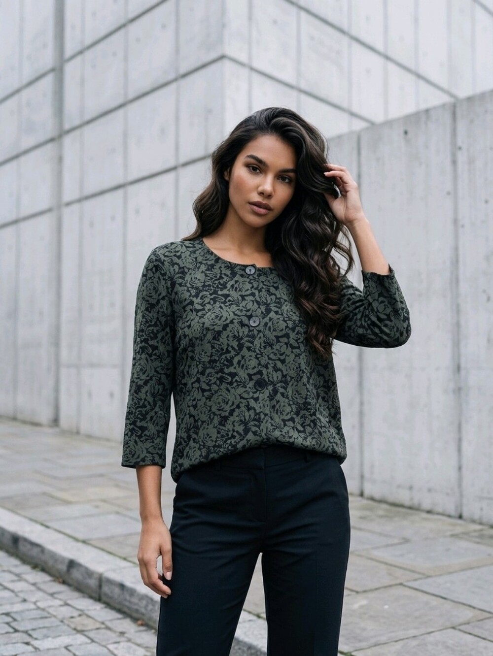 Jaclyn Smith Olive Green Floral Button-Front Jacket